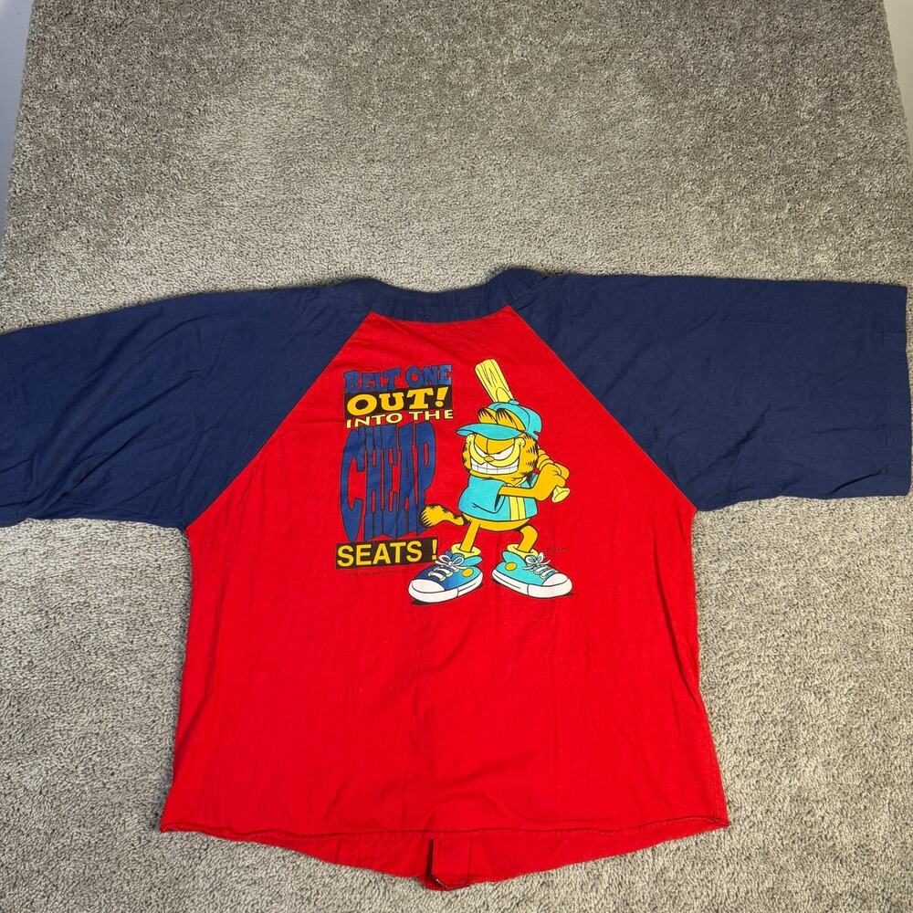 Vintage Garfield Shirt Mens XL Red Navy Baseball Belt One Out Single Stitch 90s